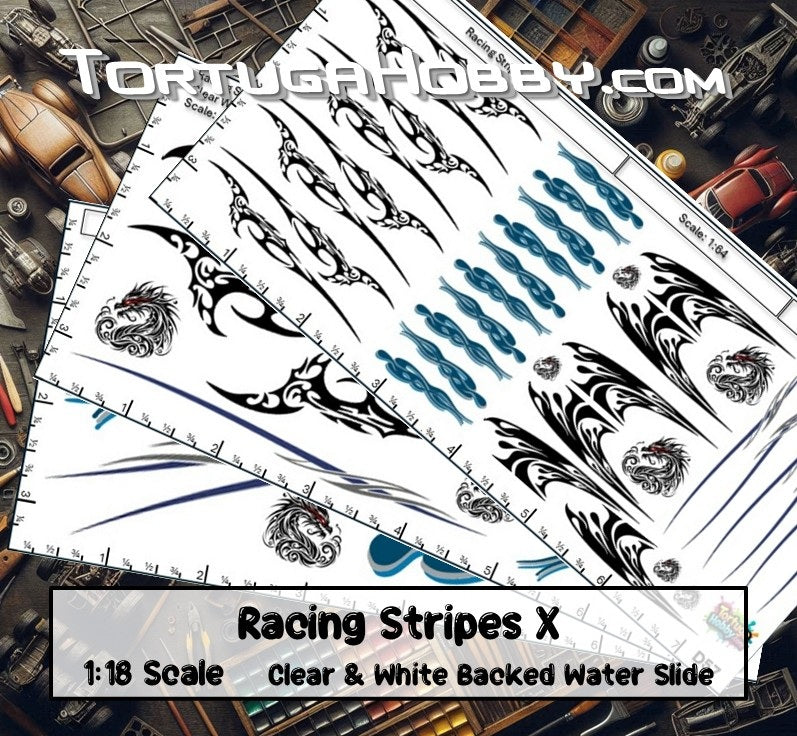 Racing Stripes X - Clear Water Slide Decals - 1:64, 1:24 & 1:18 Scale