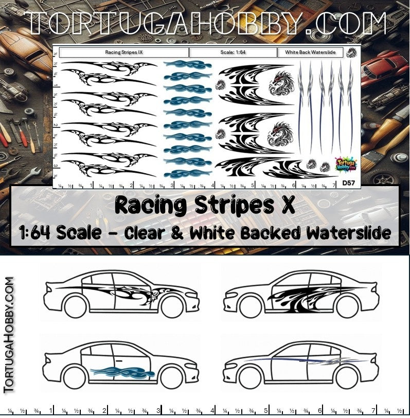 Racing Stripes X - Clear Water Slide Decals - 1:64, 1:24 & 1:18 Scale