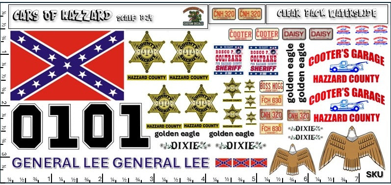 Cars of Hazzard - General Lee - Daisy Duke - Rosco - White Water Slide Decals - 1:24 Scale