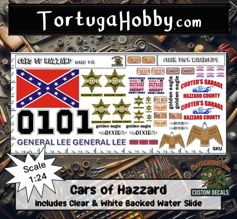 Cars of Hazzard - General Lee - Daisy Duke - Rosco - White Water Slide Decals - 1:24 Scale