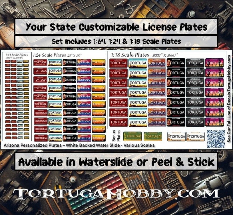 All 3 Scales- 1-64, 1-18, 1-24 - License Plate Decals - Your State - Your License Number - Models, Derby Cars and More