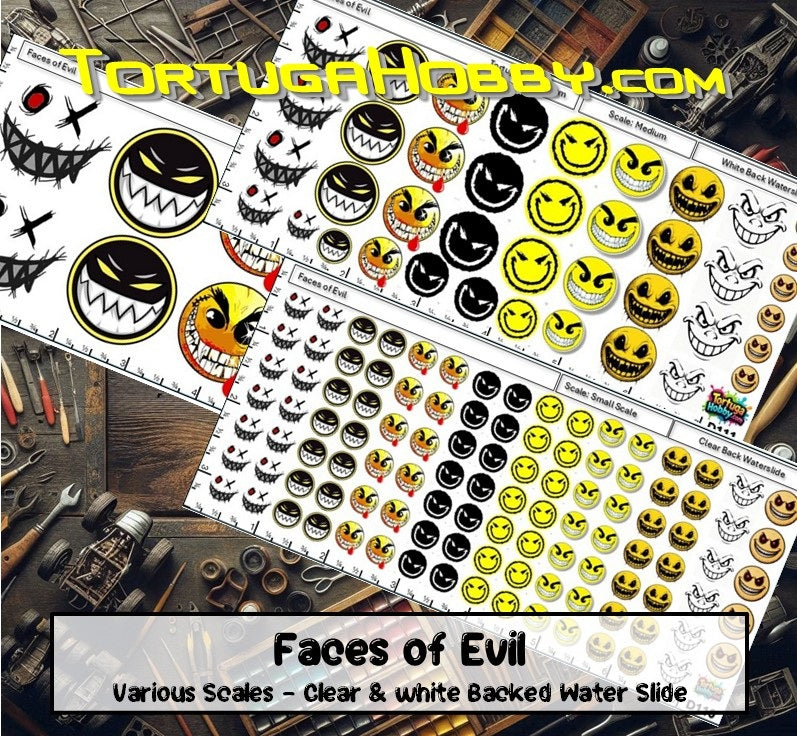 Faces of Evil Decal Set - Waterslide Decals for Models, Derby Cars and More