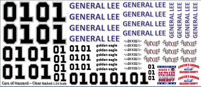 Cars of Hazzard - General Lee - Daisy Duke - Rosco - White Water Slide Decals - 1:24 Scale