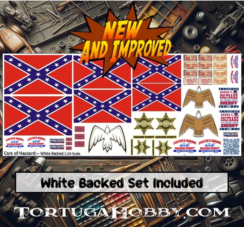 Cars of Hazzard - General Lee - Daisy Duke - Rosco - White Water Slide Decals - 1:24 Scale