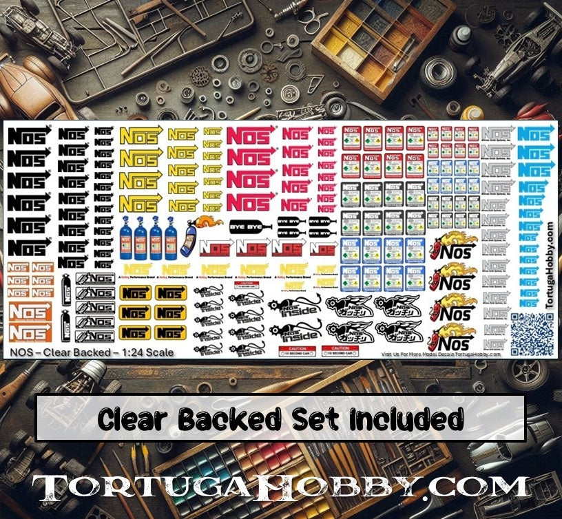NOS Sponsor Decals - Clear & White - Water Slide Decals - 1:24 Scale