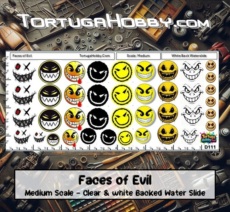 Faces of Evil Decal Set - Waterslide Decals for Models, Derby Cars and More