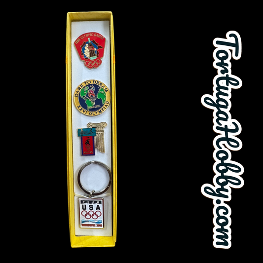 Vintage Olympics Games Misc. Pin And Keychain Set In Gift Box