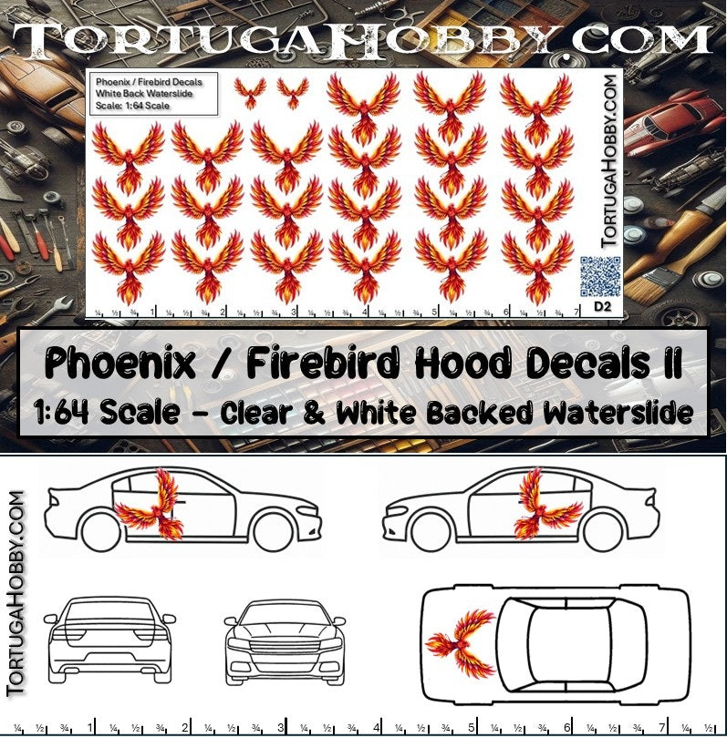 Phoenix/Firebird II - Clear and White Waterslide Decals - 1:18, 1:24 & 1:64 Scale