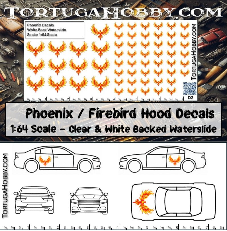 Phoenix/Firebird I - Clear and White Waterslide Decals - 1:18, 1:24 & 1:64 Scale