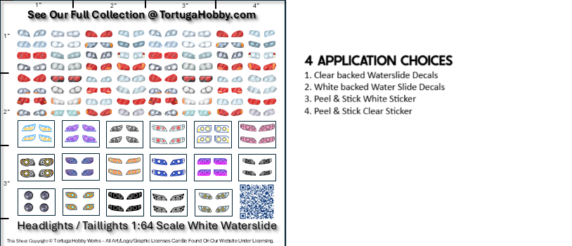 Decals - Headlights/taillights 1:64 Scale - Clear & White Water Slide Decals