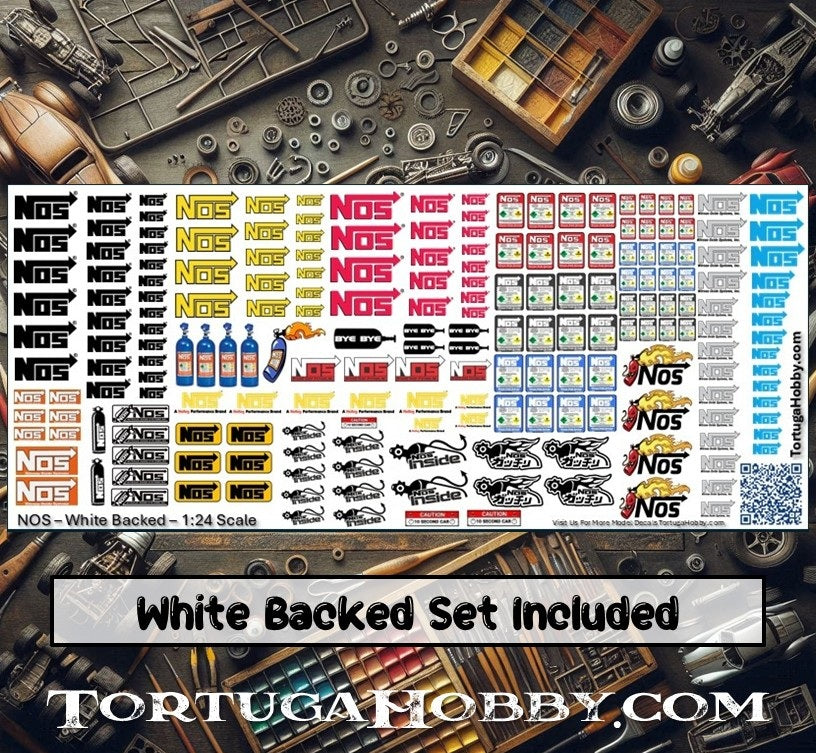 NOS Sponsor Decals - Clear & White - Water Slide Decals - 1:24 Scale