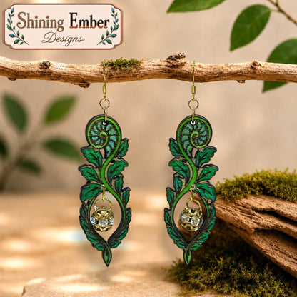 Hand-Painted Fiddlehead Fern Wood Earrings with Crystal Accents