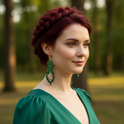 Hand-Painted Fiddlehead Fern Wood Earrings with Crystal Accents