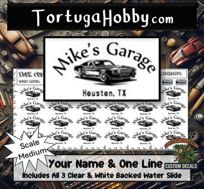 Custom Garage Decals for your Diorama, Garage, Shop, or Model. Various Scales