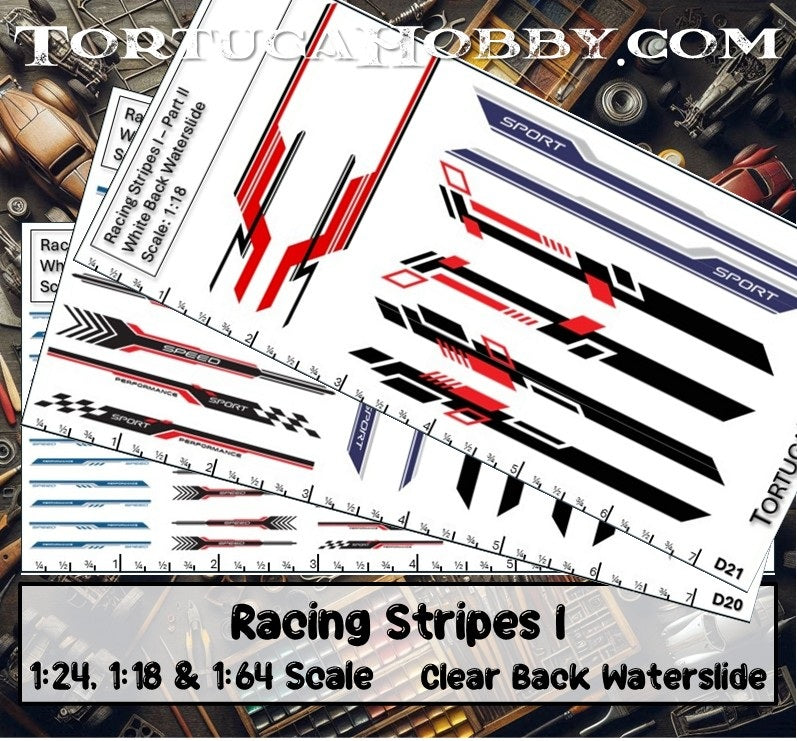 Racing Stripes I - Clear Water Slide Decals - 1:24, 1:18 or 1:64 Scale