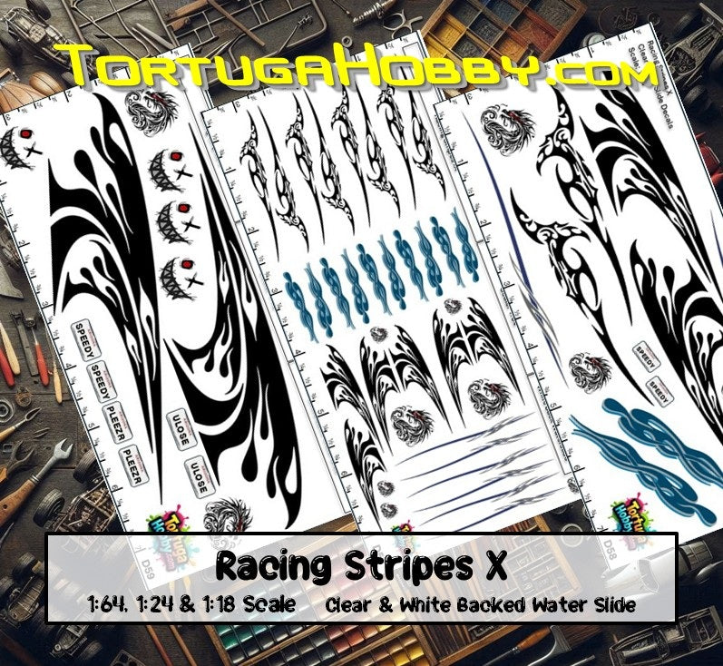 Racing Stripes X - Clear Water Slide Decals - 1:64, 1:24 & 1:18 Scale