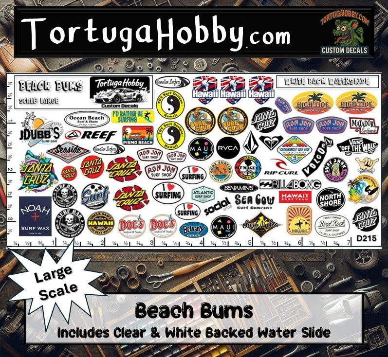 Beach Bums Decals - Clear & White Waterslide Decals - 1:24, 1:64 and 1:18 Scale