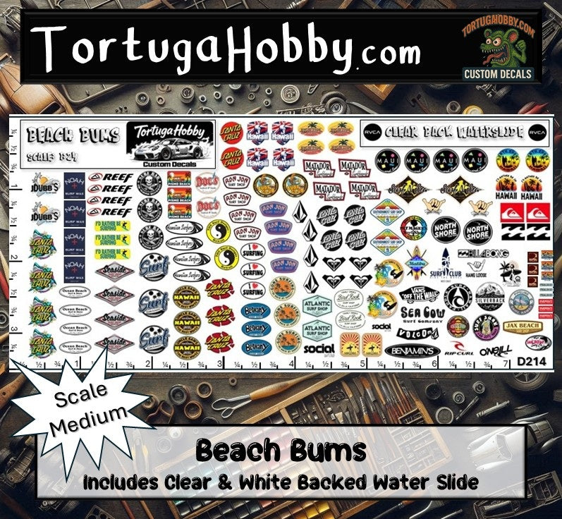 Beach Bums Decals - Clear & White Waterslide Decals - 1:24, 1:64 and 1:18 Scale