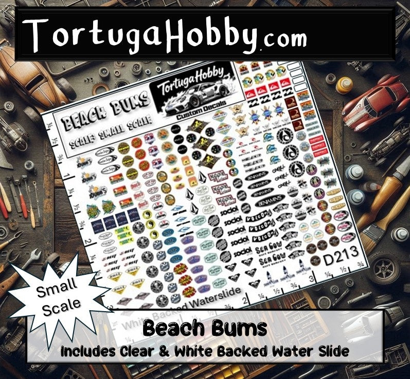 Beach Bums Decals - Clear & White Waterslide Decals - 1:24, 1:64 and 1:18 Scale