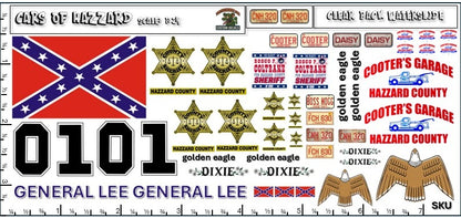 Cars of Hazzard - General Lee - Daisy Duke - Rosco - White Water Slide Decals - 1:24 Scale