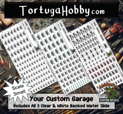 Custom Garage Decals for your Diorama, Garage, Shop, or Model. Various Scales