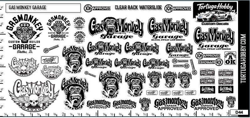 Gas Monkey Garage - Clear Water Slide Decals - Various Scale