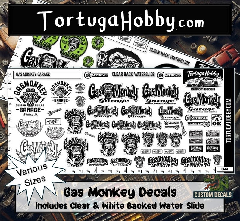 Gas Monkey Garage - Clear Water Slide Decals - Various Scale