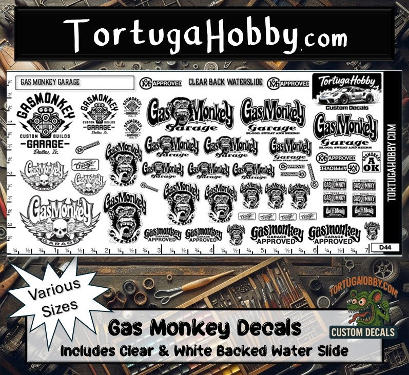Gas Monkey Garage - Clear Water Slide Decals - Various Scale