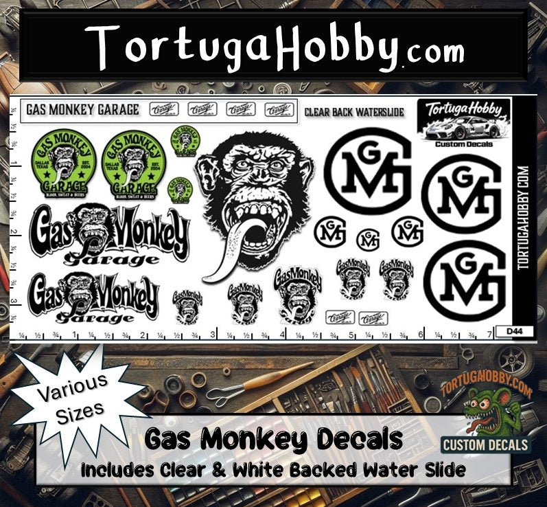 Gas Monkey Garage - Clear Water Slide Decals - Various Scale