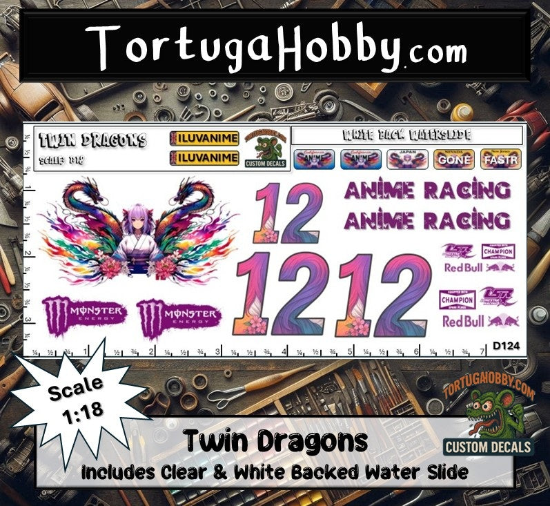 Twin Dragons Anime Racing Decals - Model Cars, Derby and More!!