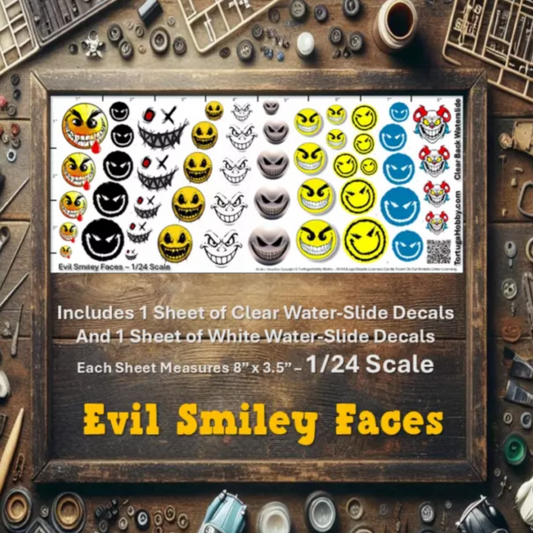 Decals - Evil Smiley Faces - Clear & White Water Slide Decals - Multi-Scale