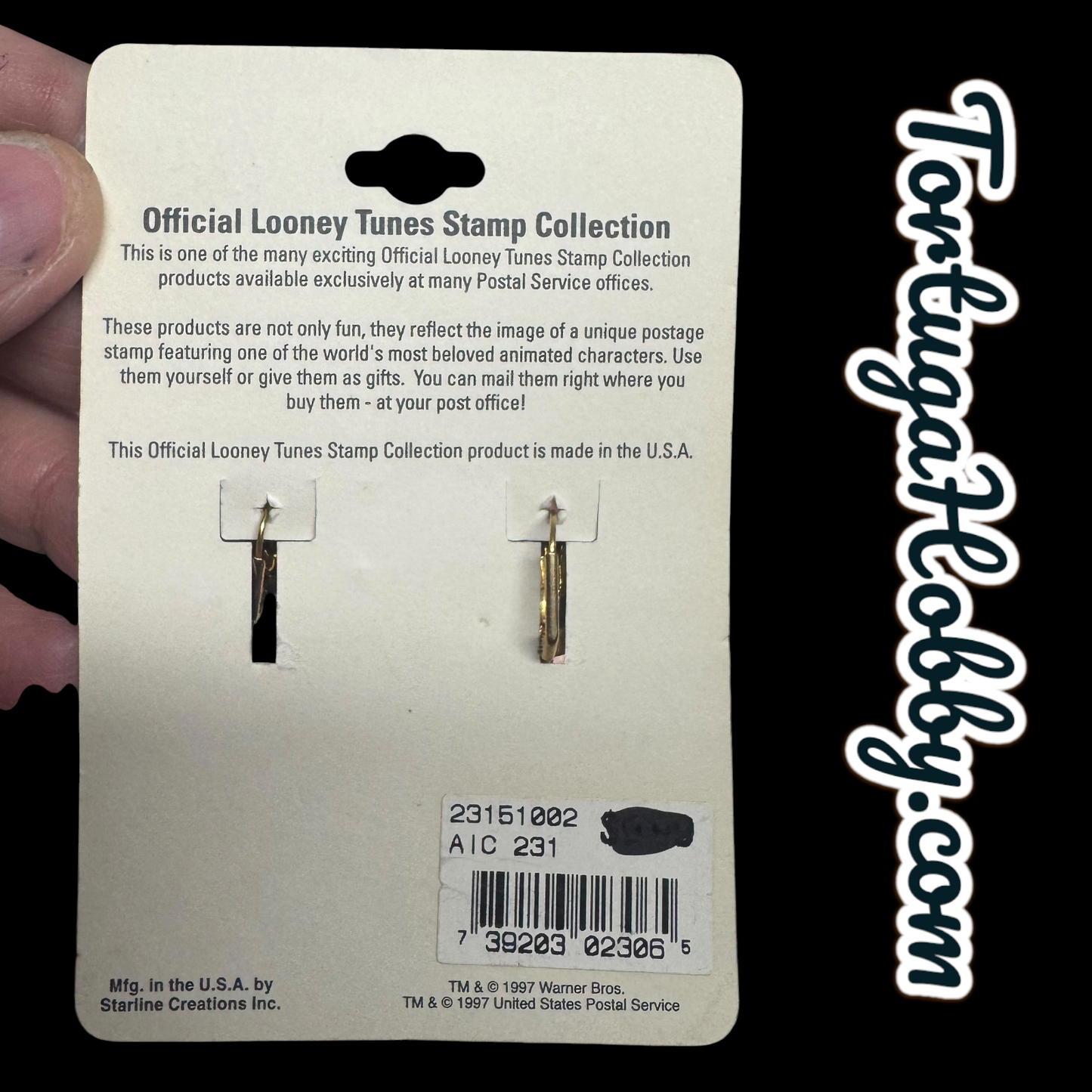 1997 Vintage USPS Warner Stamp Earrings Bugs & Tweety Gold Tone Dangles Stamp