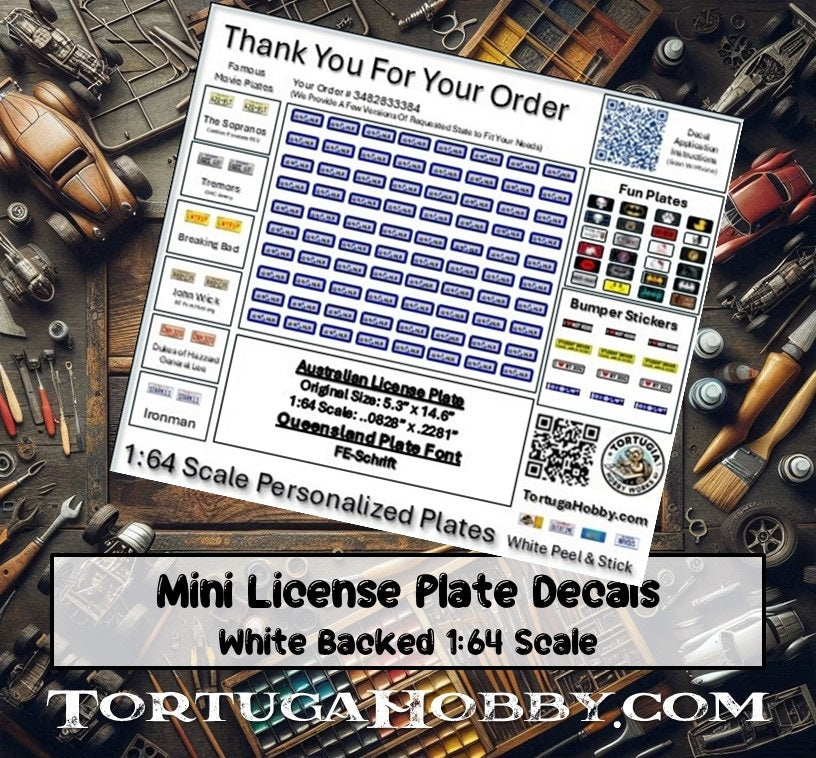 Decals - Customized License Plates - 1:18 / 1:24 / 1:64 Scale. Models, Hot Wheels, Any Project