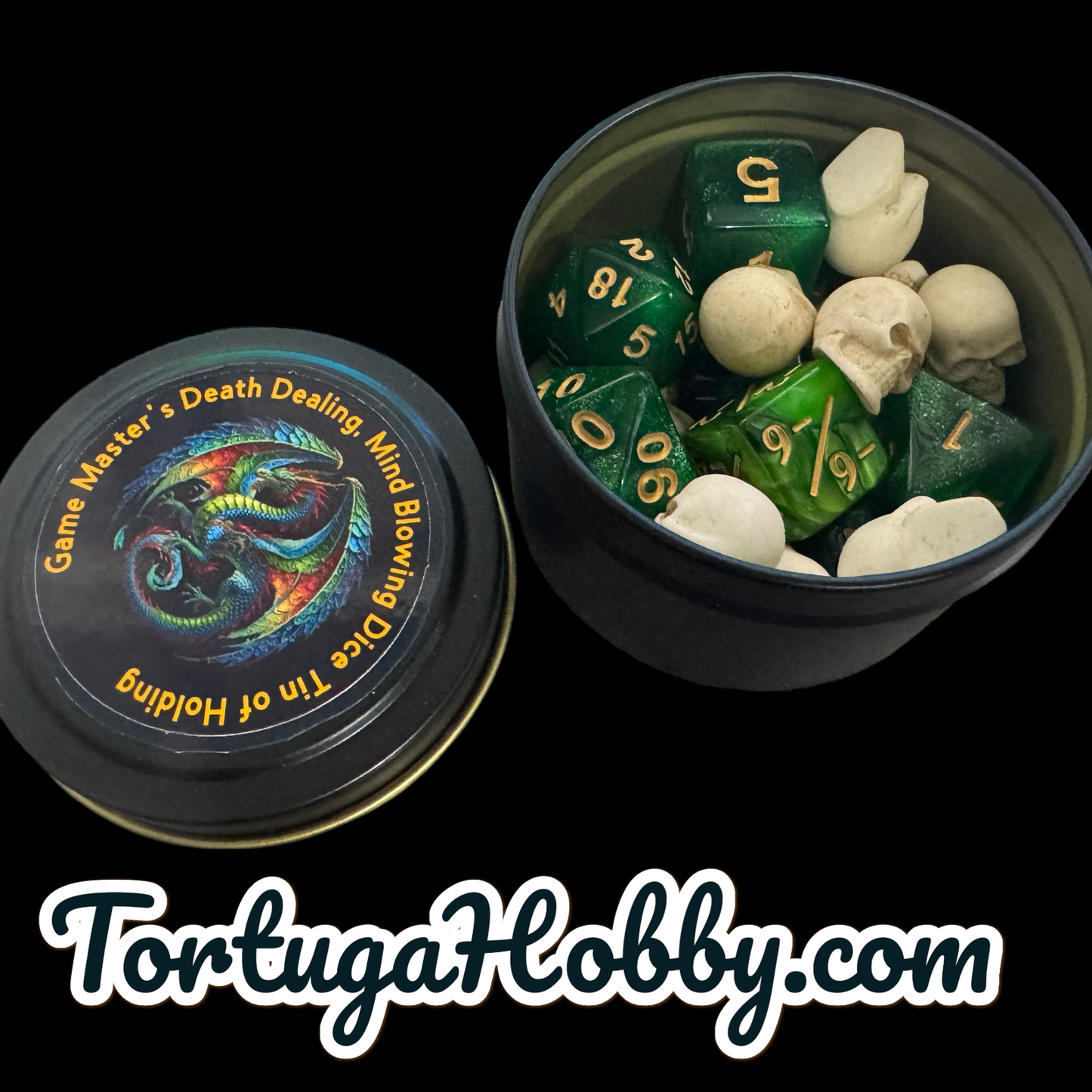 Gaming Dice & Skull Counters for CCG, TCG, Role-Playing and more - All in Metal Tin