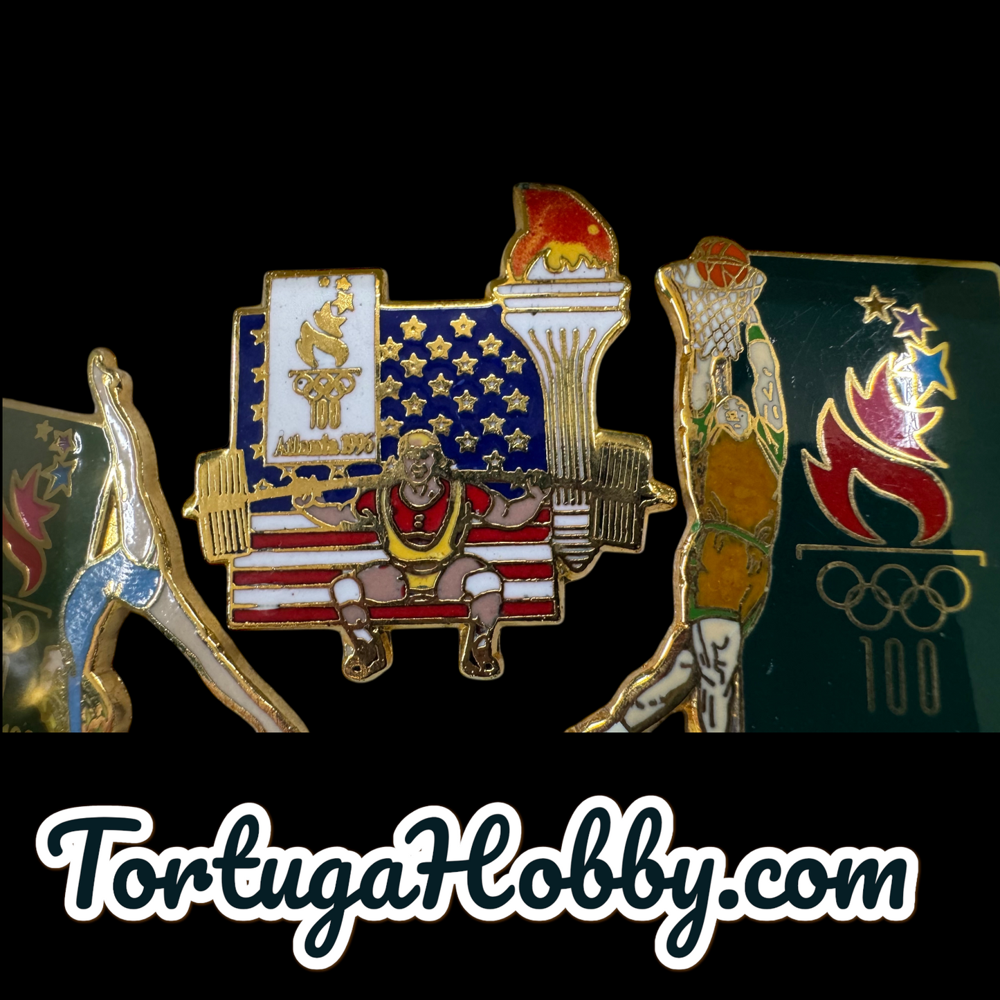 1996 Atlanta Olympics Pin Set. Gymnastics, Weight Lifting And Basketball.