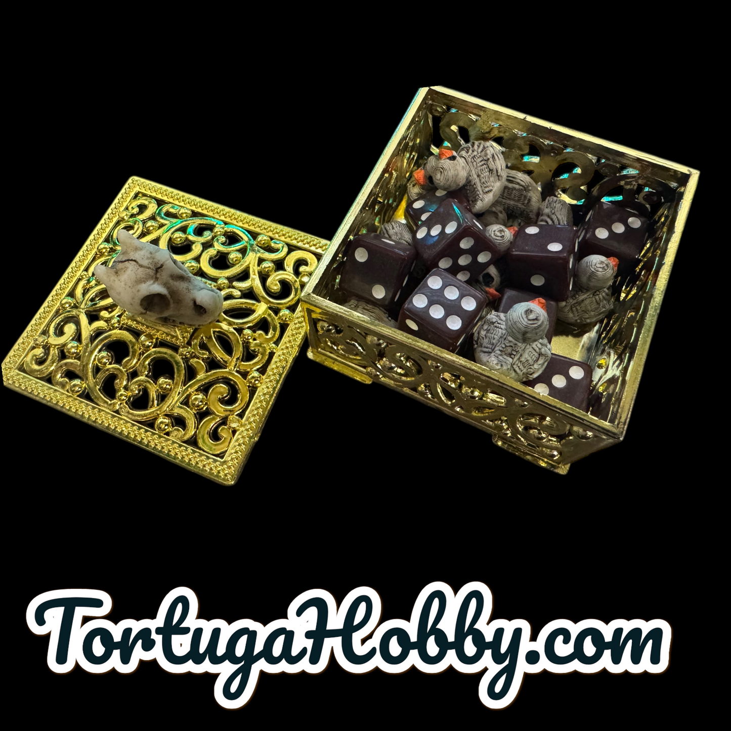 10pc Skeleton Duck Counters with 10 D6 in Square Golden Box - Perfect for Unique Game Night - CCG - Role Play