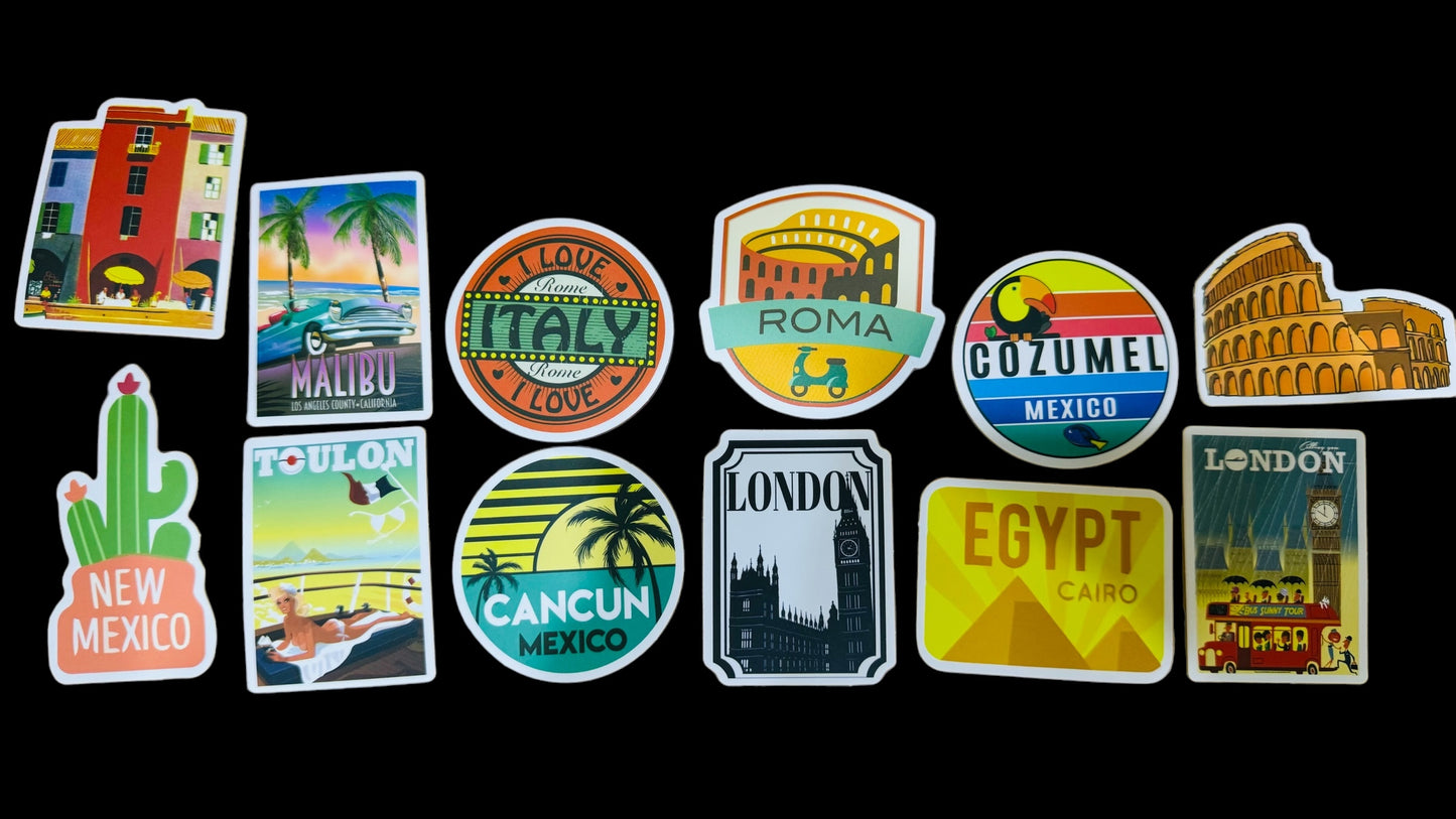 25 Stickers - Travel The World or Show Off Where You Have Gone - Travel Stickers for Laptops, Water Bottles, Skateboards, Lockers and More