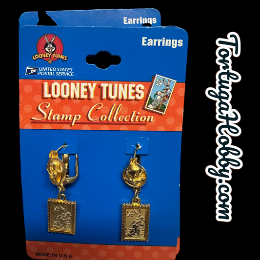 1997 Vintage USPS Warner Stamp Earrings Bugs & Tweety Gold Tone Dangles Stamp