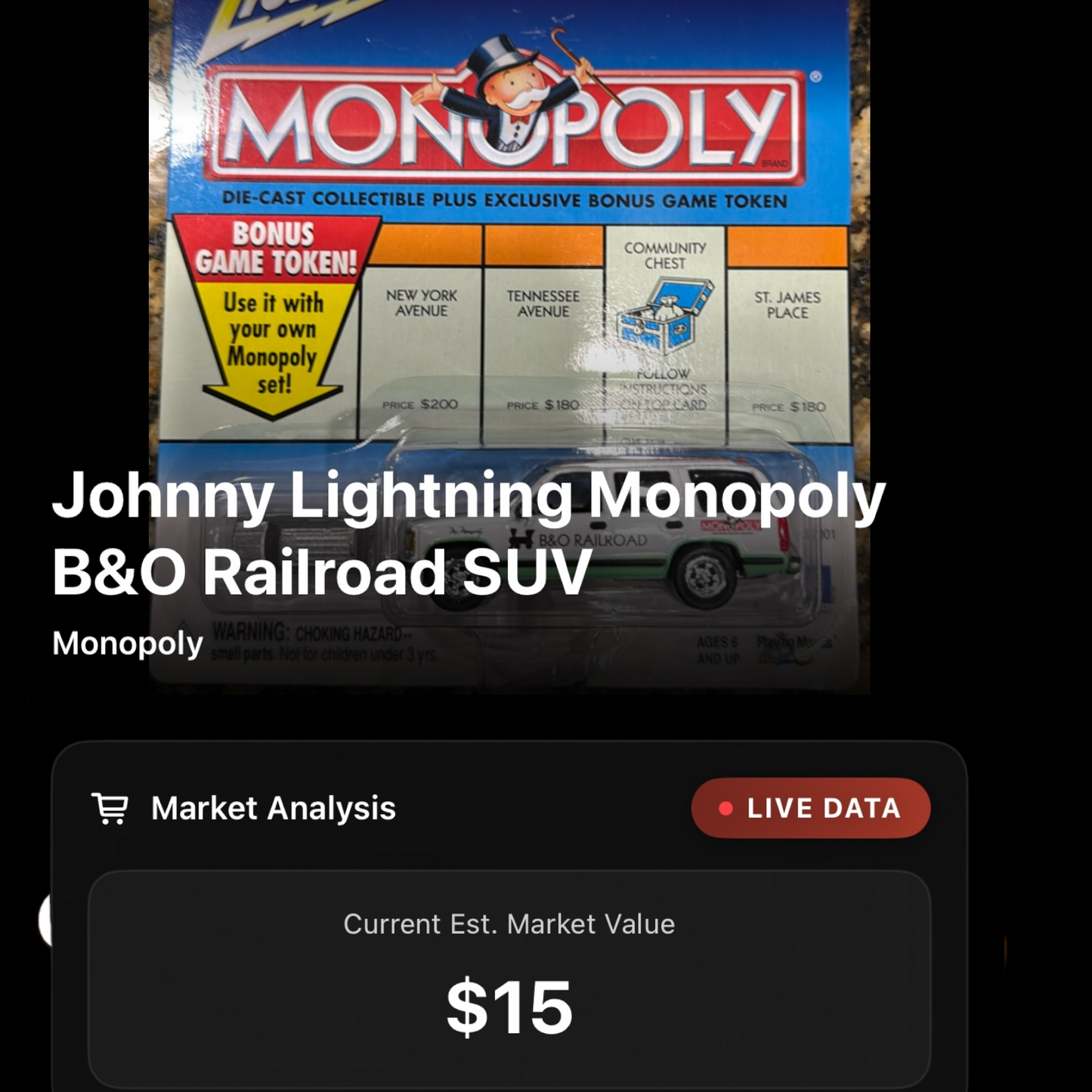 1991 - Johnny Lightning- Monopoly- B&O Railroad - Chevy Tahoe  With Unique Token