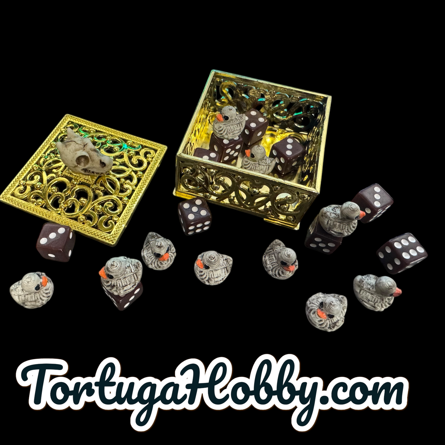 10pc Skeleton Duck Counters with 10 D6 in Square Golden Box - Perfect for Unique Game Night - CCG - Role Play