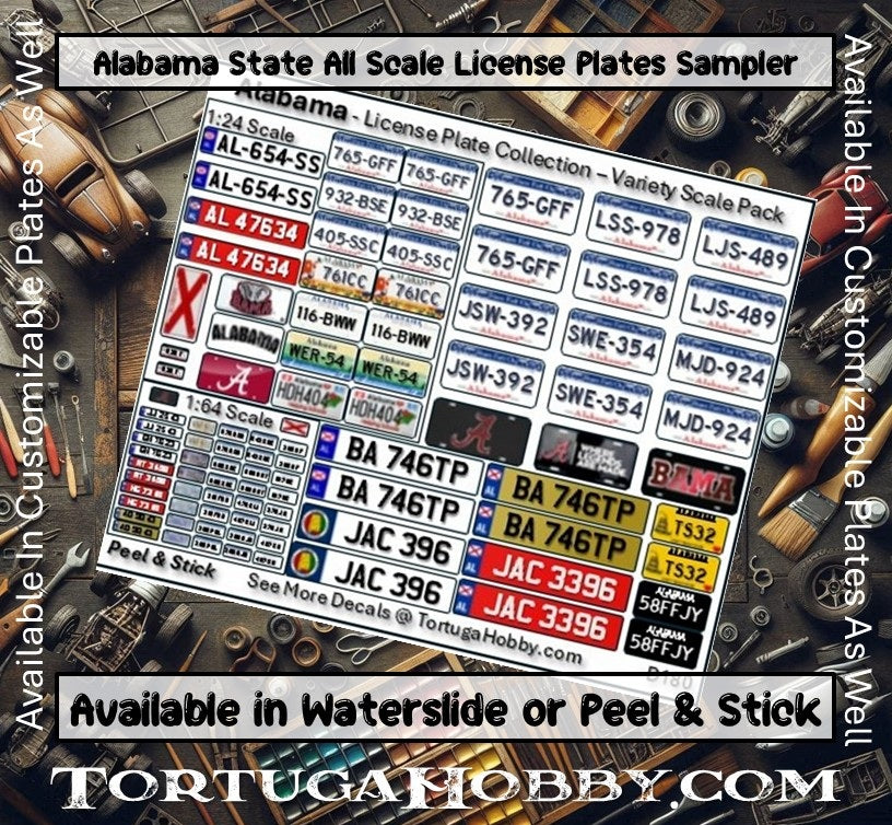 Alabama License Plates for Scale Model Waterslide Decals - Model, Derby & RC Cars