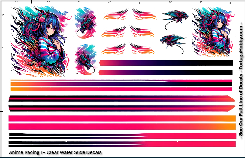 Decals - Anime Racing I - Clear Water Slide Decals - 1:24 Scale