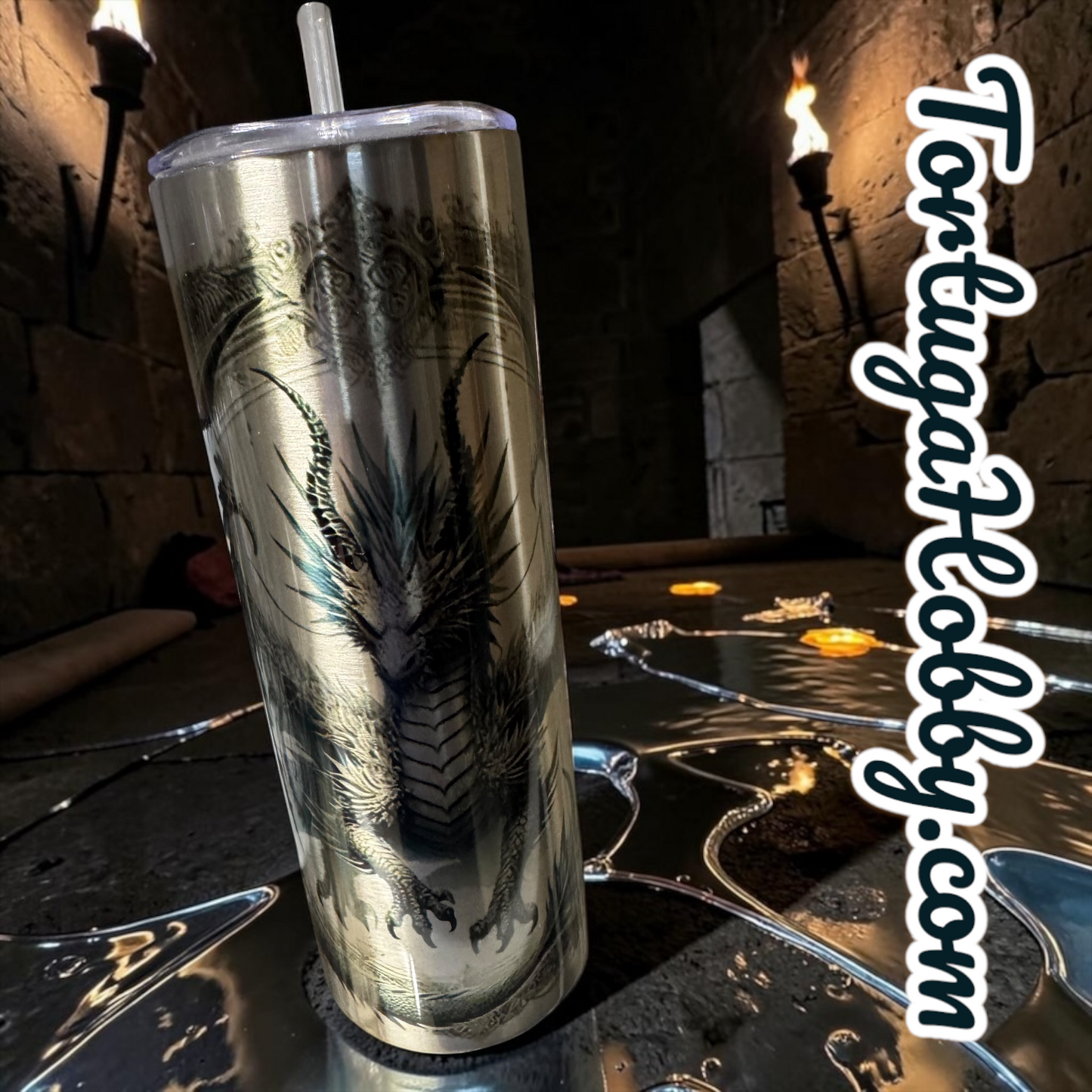 One Of A Kind Metallic Dragon On Slate Artwork & 20oz Tumbler - Unique - Only 1