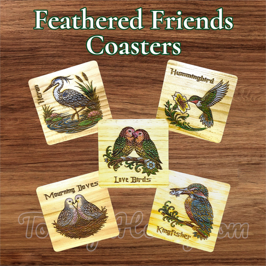 Feathered Friends Engraved and Hand-Painted Wood Bird Coasters