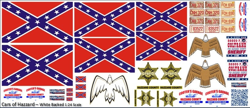 Cars of Hazzard - General Lee - Daisy Duke - Rosco - White Water Slide Decals - 1:24 Scale