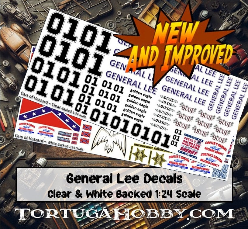 Cars of Hazzard - General Lee - Daisy Duke - Rosco - White Water Slide Decals - 1:24 Scale