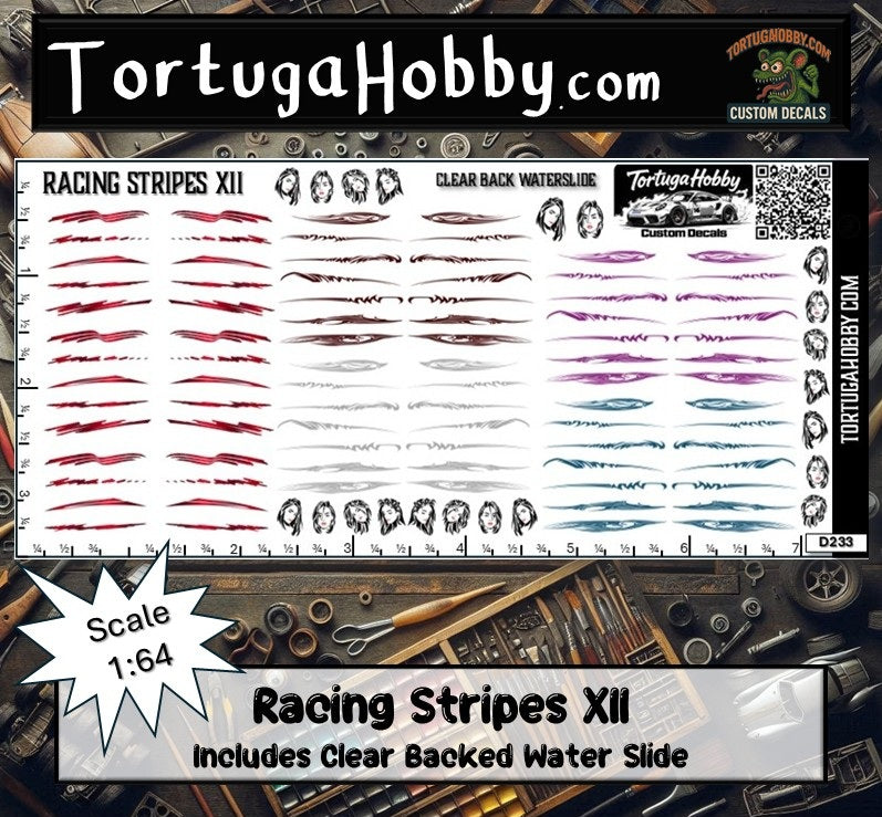 Racing Stripes XII - Clear Waterslide - Various Scale Decals