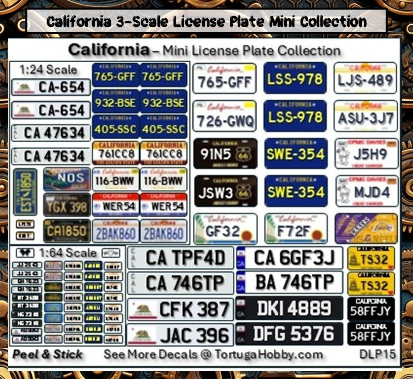 California - 1:18, 1:24, 1:64 & 1:10 Scale License Plates for Diecast or Models (Copy)