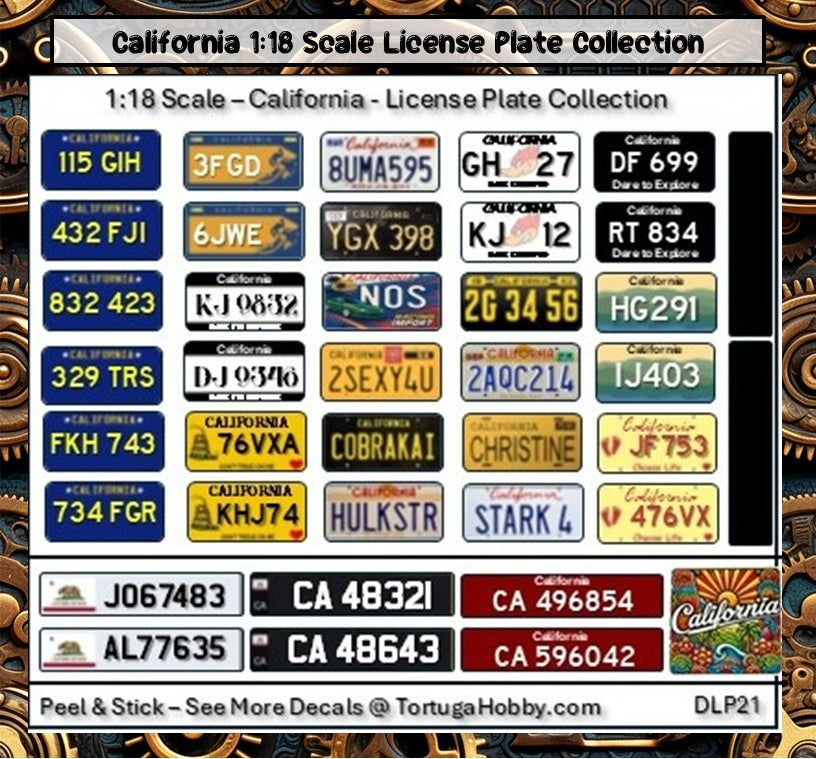California - 1:18, 1:24, 1:64 & 1:10 Scale License Plates for Diecast or Models (Copy)