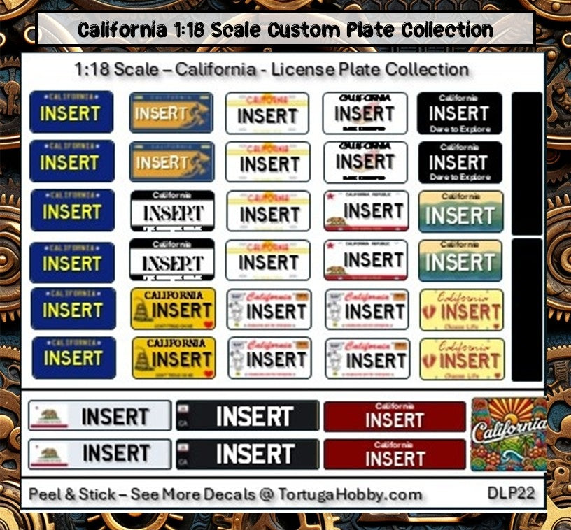 California - 1:18, 1:24, 1:64 & 1:10 Scale License Plates for Diecast or Models (Copy)